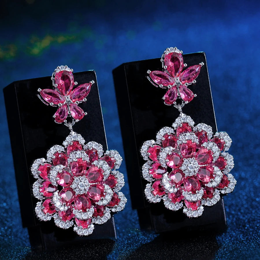 ThreeGraces Elegant Red Zirconia 3D Design Long Flower Dangle Earrings for Women Luxury Bridal Wedding Party Jewelry E1986