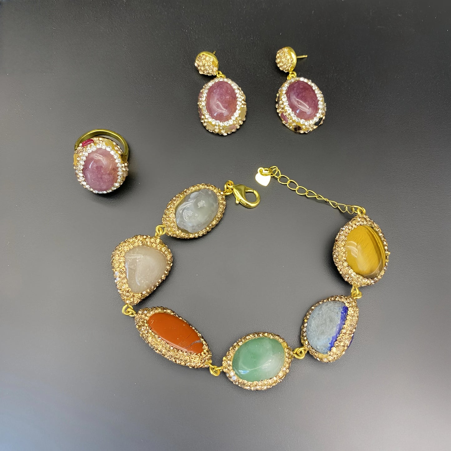 Colorful Multi Crystal Stone Jewelry Sets Natural Amethyst Tiger's Eyes Quartz Inlaid Rhinestone Beaded Necklace Earring