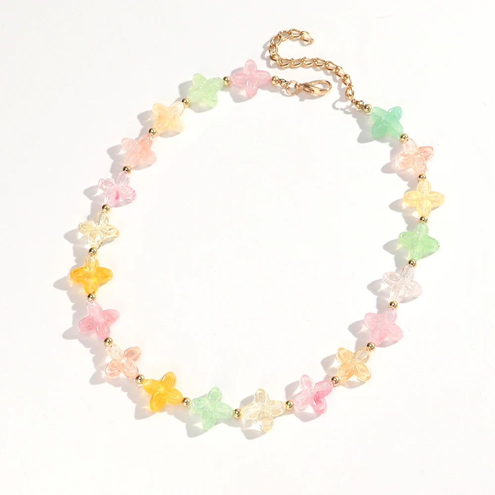 Cute Colorful Geometric Flower Beaded Choker Necklace Sweet Resin Beads Necklaces for Women Spring Summer Jewelry Gifts