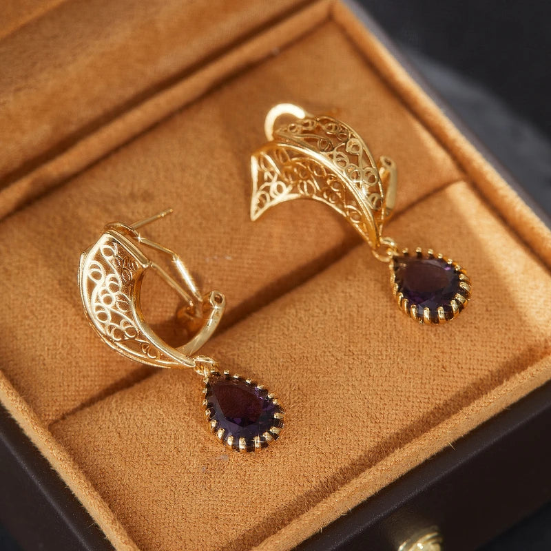 Luxury Female Purple Cubic Zirconia Earring Gold Color Earrings for Women Charm Geometric Wedding Party Jewelry Accessories
