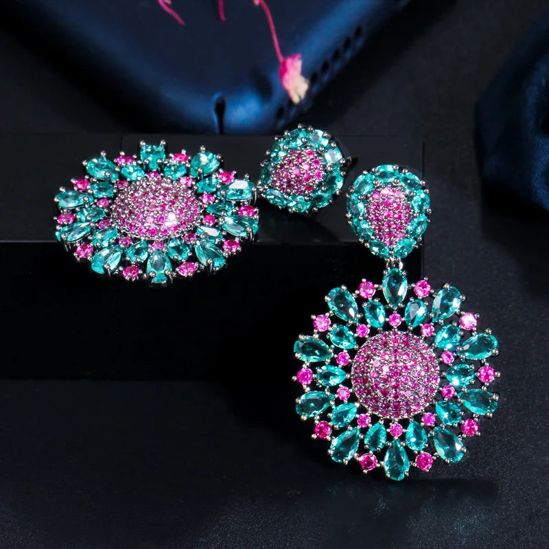 ThreeGraces Vintage Rose Red and Green Cubic Zirconia Long Big Dangle Flower Party Earrings for Women Party Jewelry E2124