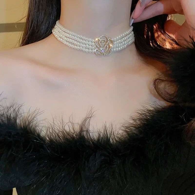 Elegant Multilayer Pearl Choker Necklaces for Women Crystal Flowers Necklaces Weddings Party Jewelry