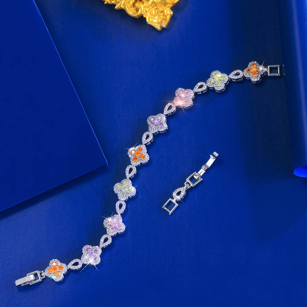 ThreeGraces Fashion Shiny Colorful Zirconia Lucky Leaf Shape Bridal Wedding Link Chain Bracelet for Women Party Jewelry BR450