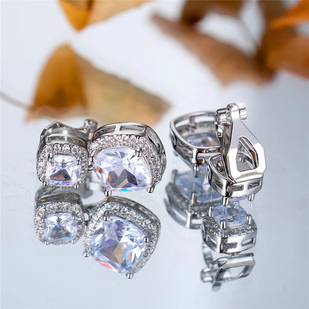 Luxury Big White Zircon Clip Earrings For Women Luxury Crystal Female Silver Color Round Wedding Jewelry