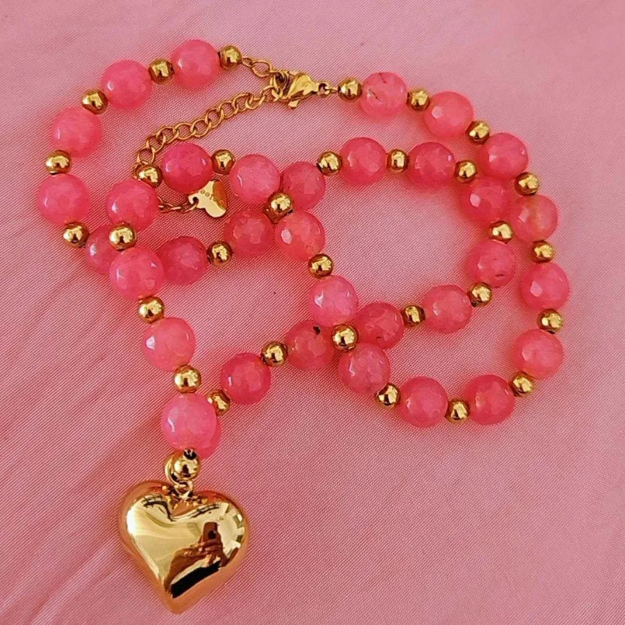 Pink Natural Stone Beaded Necklace with Natural Stone Beaded Necklace Pendant for Women Stainless Steel Choker Summer Jewelry