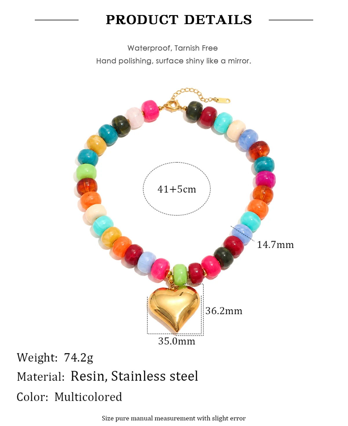 E.B.belle Candy Color Bead Heart Charm Necklaces Colorful Dopamine Resin Chain Necklace Tarnish Y2K Fashion Women Jewelry
