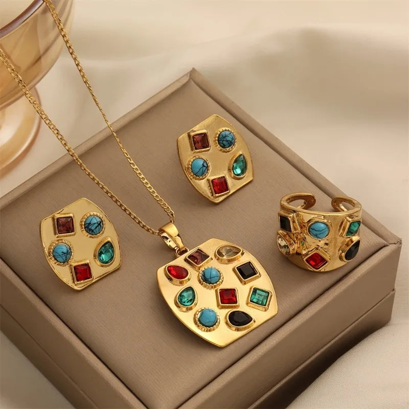 4pcs/set Fashion Jewelry Set with Colorful Inlaid Zirconia Pendant Necklace Earrings Ring for Women Holiday Party Accessories