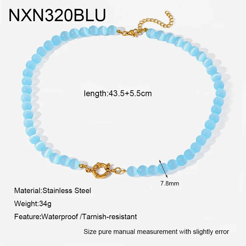 2026 Rainbow Cats Eye Glass Bead Choker Necklace 18K Gold Plated Stainless Steel Summer Bikini Gift for Women Girls