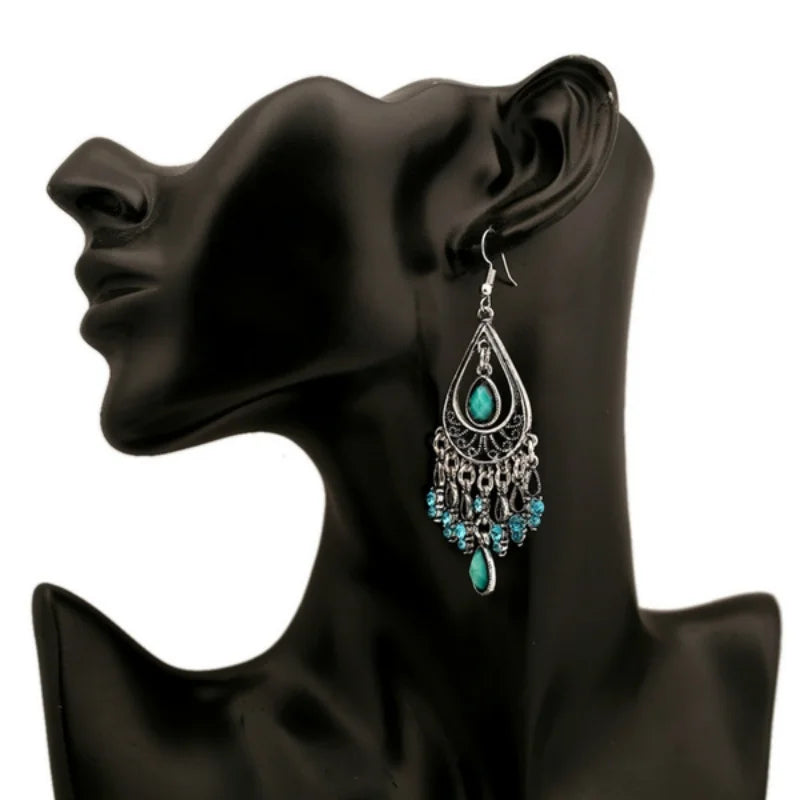 Bohemian Ethnic Style Antique Silver Color Alloy Hollow Acrylic Resin Gems Water Droplet Tassel Earrings Women Vacation Jewelry