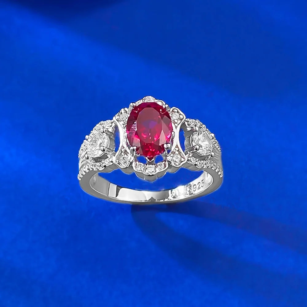 Vintage 100% 925 Sterling Silver 6*8mm Blood Ruby Rings for Women Lab Diamond Gemstone Cocktail Party Fine Jewelry Birtyday Gift