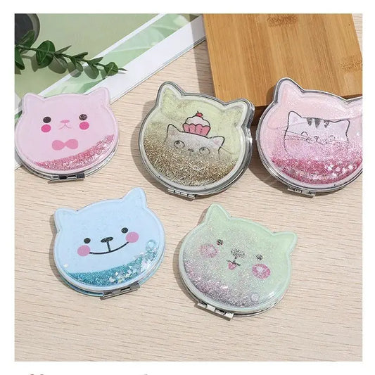 Cute Cat Shaped Handheld Mirror with Shiny Sequins Design Portable Small Folding Hand Mirror Double Side Makeup Mirror Gift