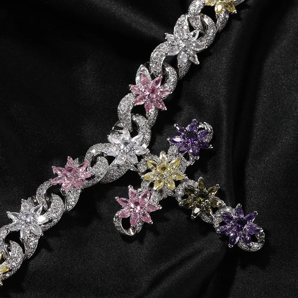 Colorful Flower Cross Charms Cuban Chain Full Pave Iced Out Baguette Cubic Zirconia HipHop Jewelry Unisex Gift For Men Women
