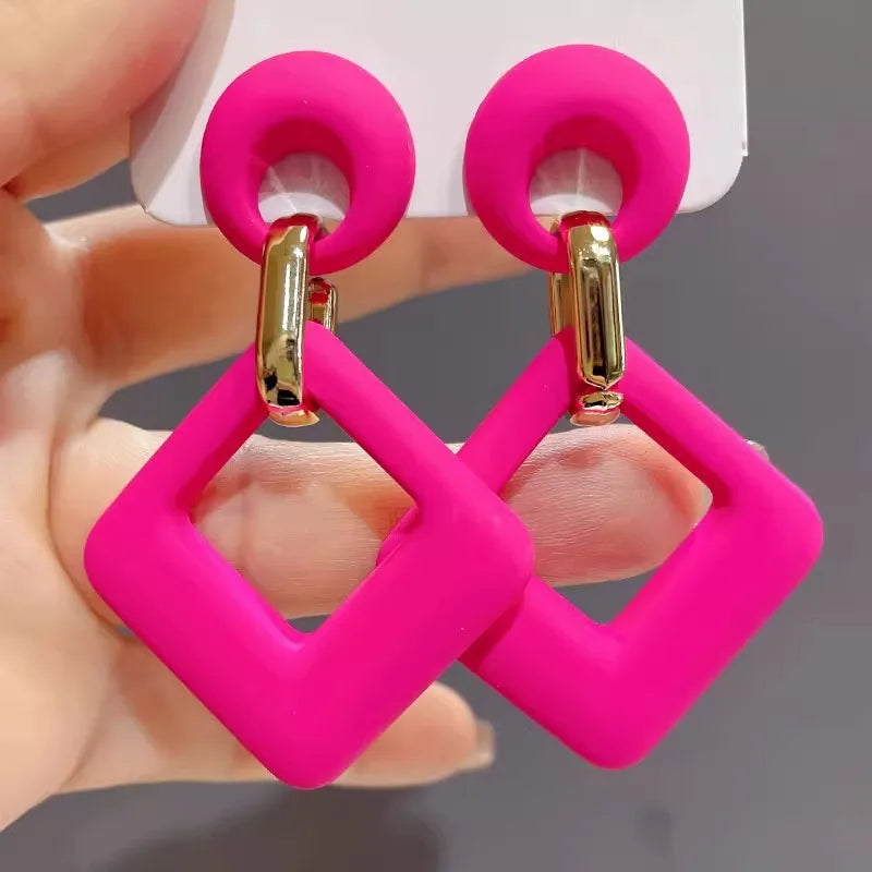 Trendy Acrylic Colorful Square Round Drop Earrings Fashion Hollow Geometric Summer  Earring Party Wedding Jewelry