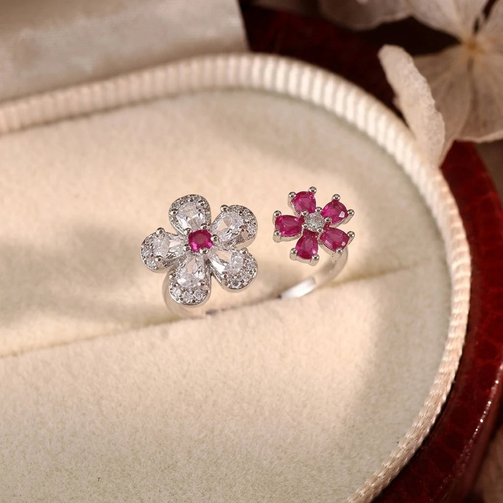Ladies Silver Adjustable Open Ring with Pink White Flower Design Daily Wearable Fashion Jewelry Gift for Female Friends