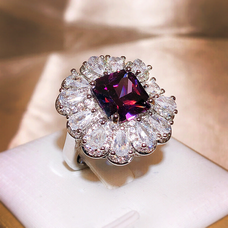 Luxury 925 Silver Brilliant Purple Square Master Zircon Ring Female Inlaid With Water Drop Full Diamond Ring Party Wedding Gift