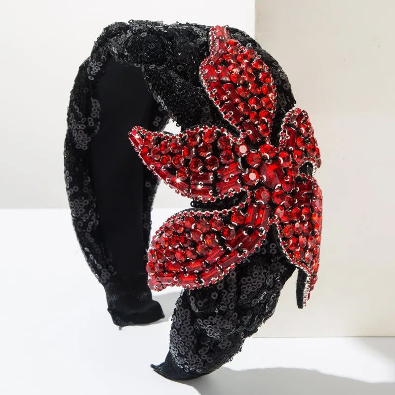 Vintage Rhinestone Sequin Velvet Wide Headband for Women Luxury Jeweled Flower Hair Hoop Elegant Bridal Hair Accessories