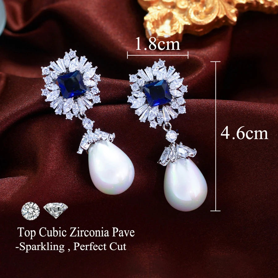 ThreeGraces Vintage Luxury Blue Square Zirconia Long Big Simulated Pearl Earrings for Women Fashion Bridal Party Jewelry E1969