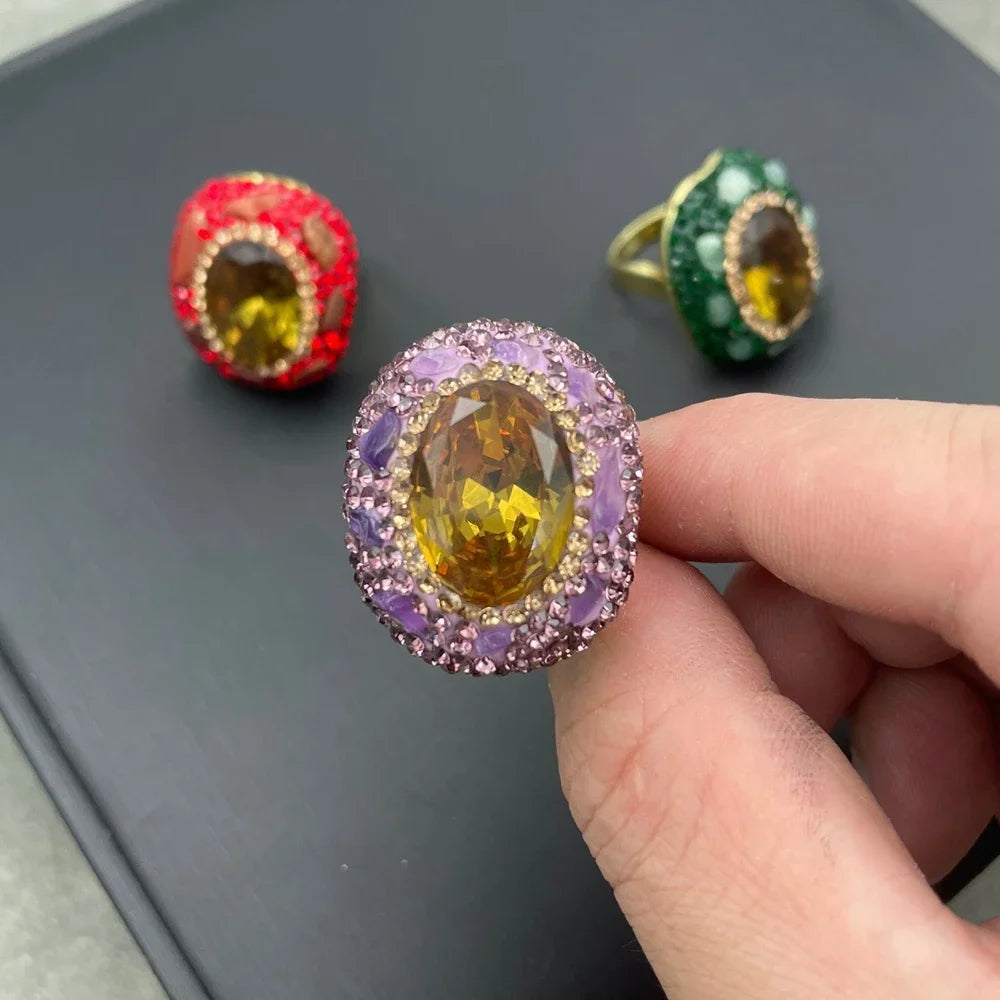 Color Changing Stone Sultainite Natural Tourmaline Edging Finger Rings for Women Sudan Crystal Clay Rhinestone Design Jewelry