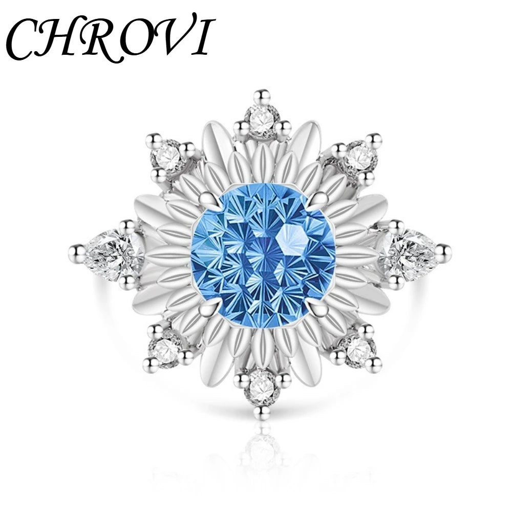 Luxurious 925 sterling silver gemstone flower chrysanthemum ring for women - ultra-shiny sunflower style finger ring