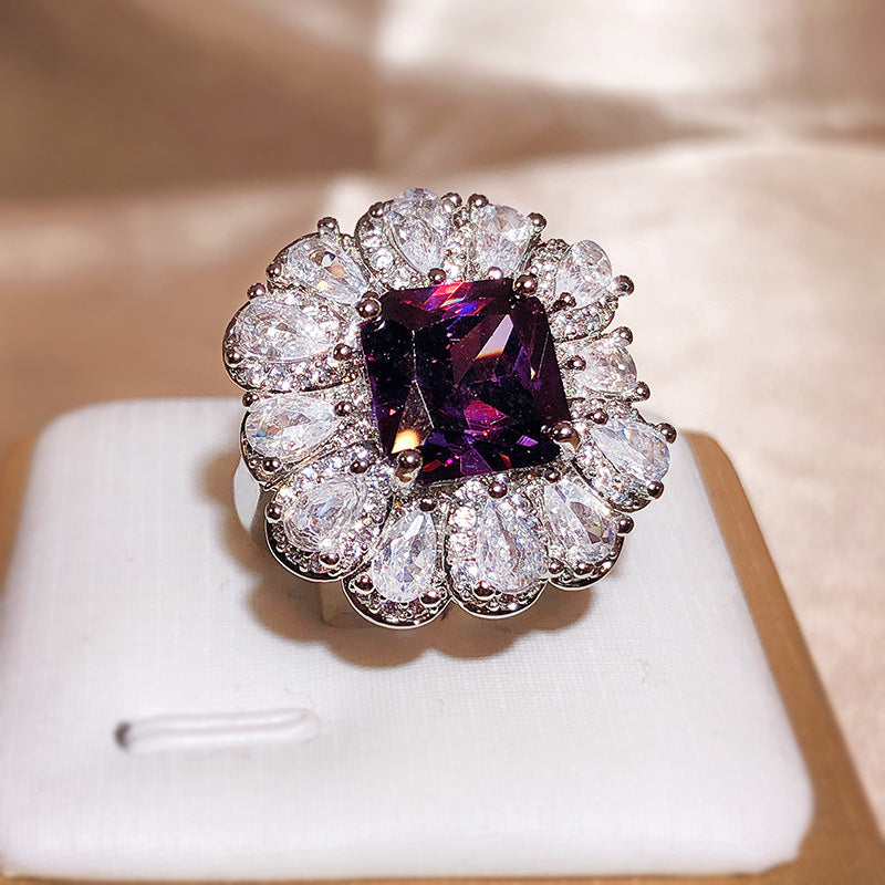 Luxury 925 Silver Brilliant Purple Square Master Zircon Ring Female Inlaid With Water Drop Full Diamond Ring Party Wedding Gift