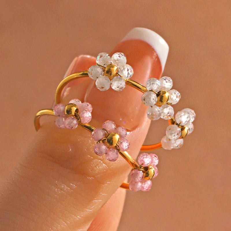 ANENJERY 316L Stainless Steel Colorful Beads Flowers Open Ring For Women French Niche Design Elegant Jewelry Gifts Wholesale