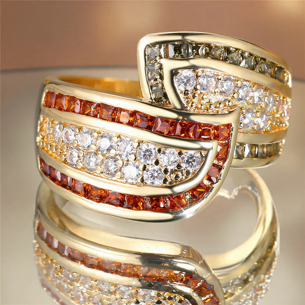 Cute Female White Zircon Stone Gold Color Wedding Jewelry Promise Engagement Wheat Rings For Women