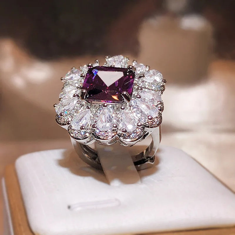 Luxury 925 Silver Brilliant Purple Square Master Zircon Ring Female Inlaid With Water Drop Full Diamond Ring Party Wedding Gift