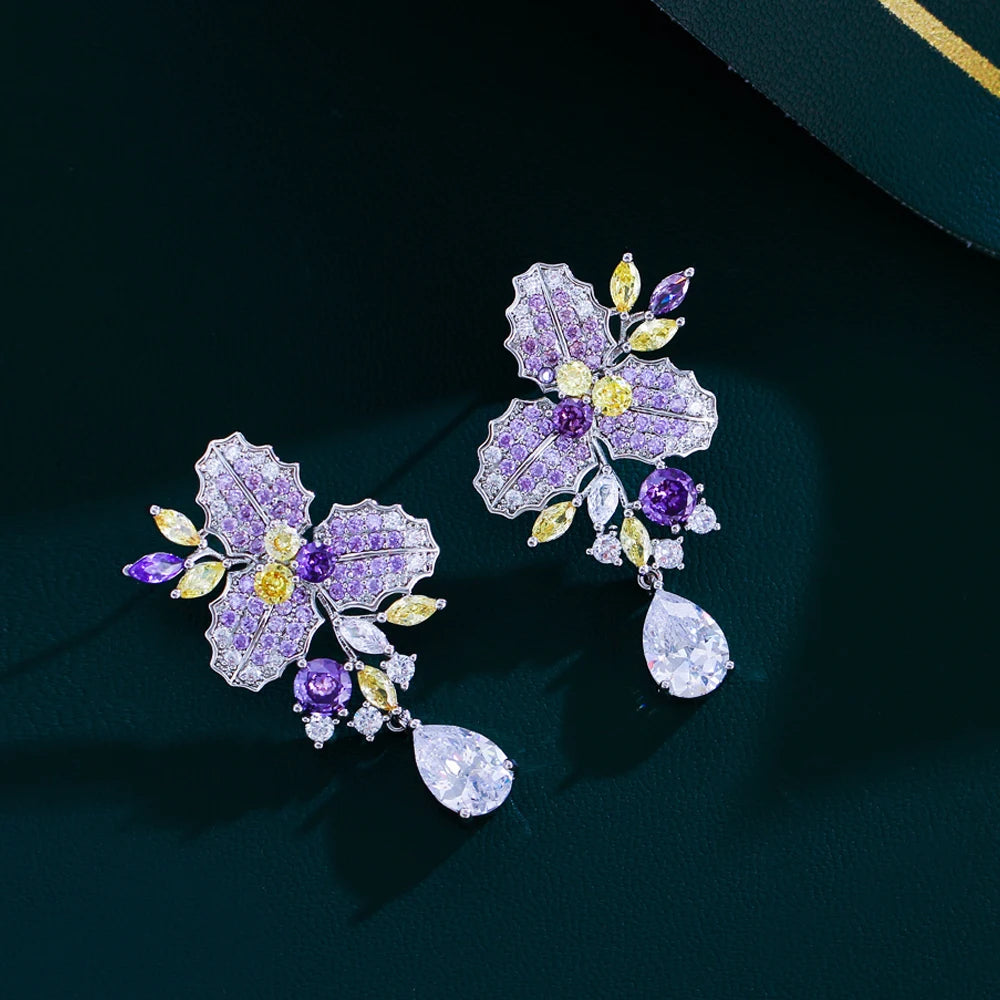 ThreeGraces Delicate Purple Yellow Zircon Long Flower Leaf Drop Earrings for Women Elegant Bridal Wedding Party Jewelry E1904