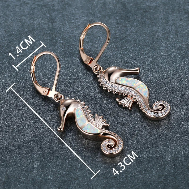 Cute Female Sea Horse Hoop Earring White Blue Opal Stone Animal Jewelry Rose Gold Silver Color Wedding Earrings For Women