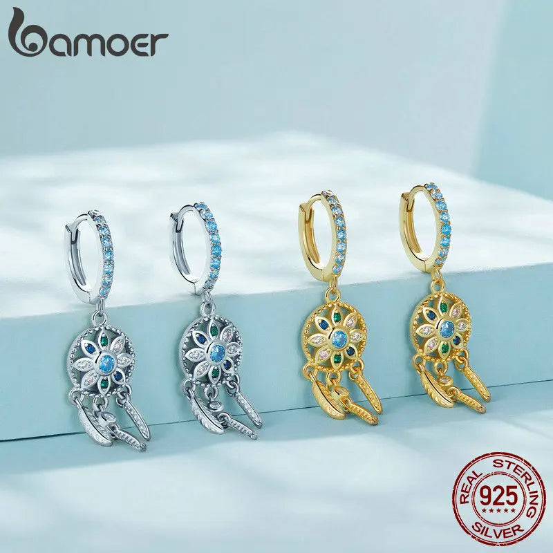 BAMOER 925 Sterling Silver Bohemia Dreamcatcher Hanging Drop Earrings for Women Boho Style Earrings Fashion Jewelry 2 Colors