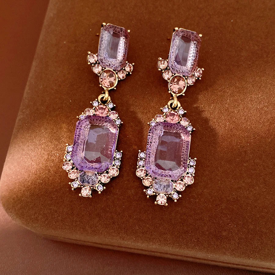 1 Pcs Purple Square Rhinestones Chokers Necklaces Retro Shiny Geometric Drop Earring Luxury Jewelry Set Gifts Wedding Party N