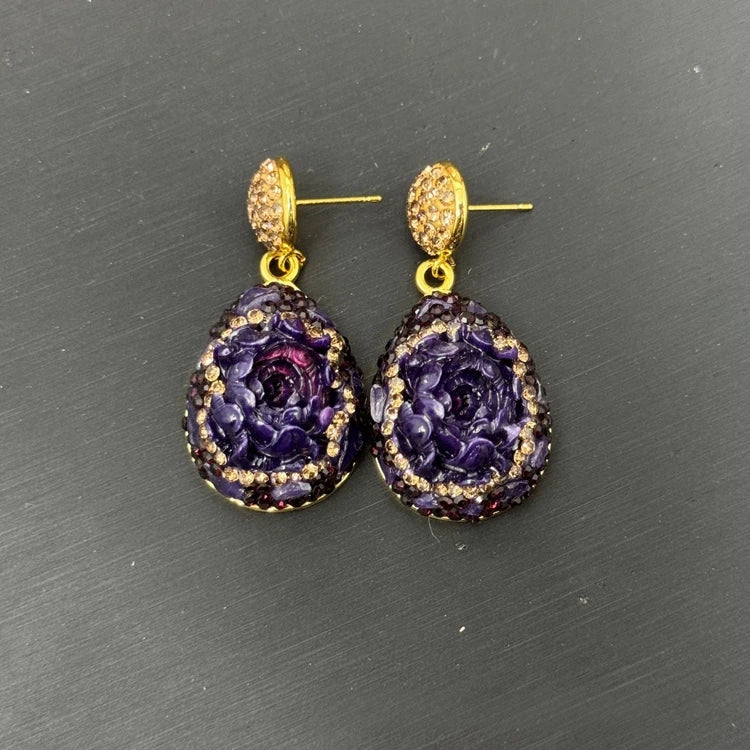 Rose Flower Amethyst Carving Crystal Jewelry Set for Women Rhinestone Quartz Cutting Bangle Rings Necklace Luxury Sets for Wed
