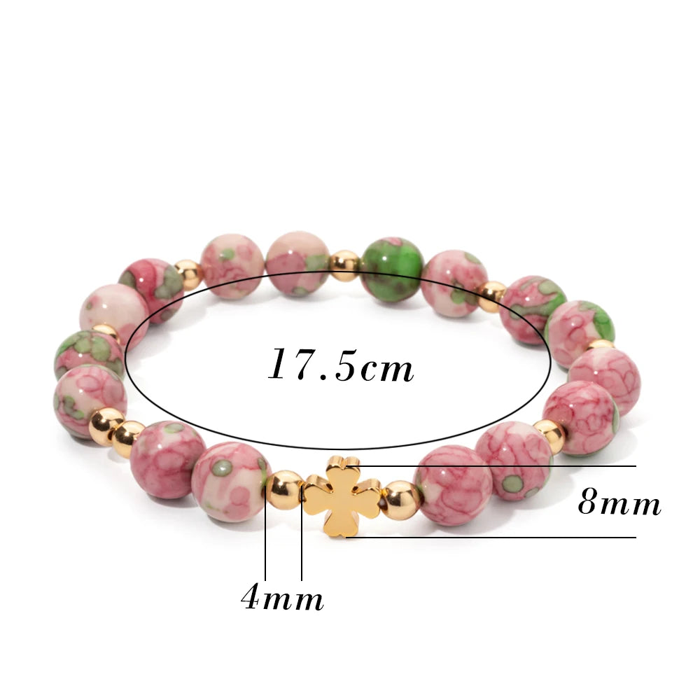 New 8MM Natural Stone Girl Bracelets Colorful Round Beads Alloy Gold Color Cross Women Bangle Fashion Jewelry Accessories 2024