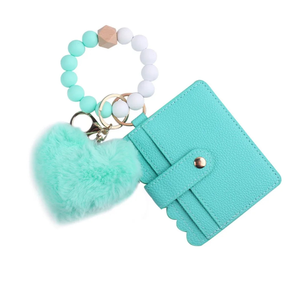 Solid Leather Leather Card Bag Keychain Tassel Design Silicone Beaded Wristlet Keychain Keychain Feature Wristlet Style