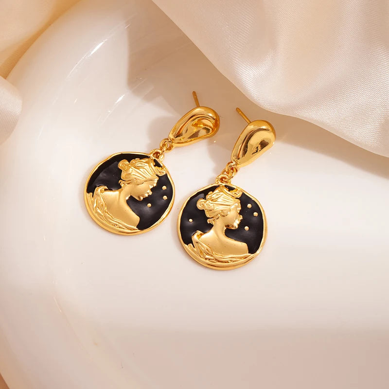 ANENJERY 316L Stainless Steel Portrait Round Card Pendant Earrings For Women Vintage Personality Versatile Party Jewelry Gifts