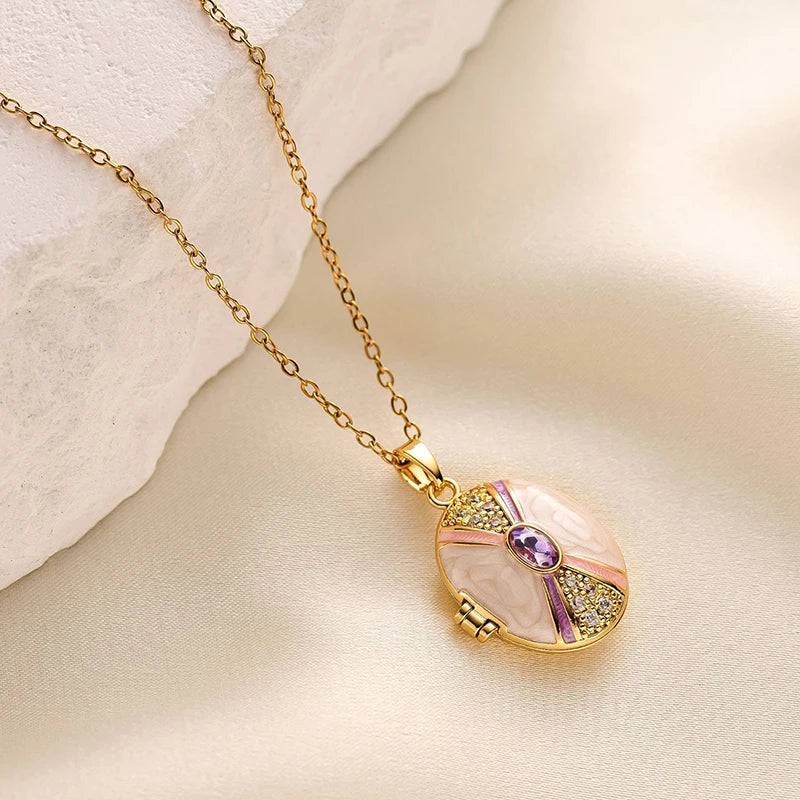 ANENJERY 316L Stainless Steel Openable Oval Heart Photo Frame Zircon Necklace For Women Delicate Vintage Jewelry Gifts Wholesale