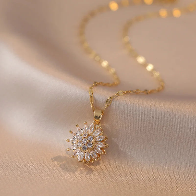 316L Stainless Steel Luxury Zircon Flower Pendant Necklace For Women Girl New Trend Clavicle Chain Jewelry Lady Gift