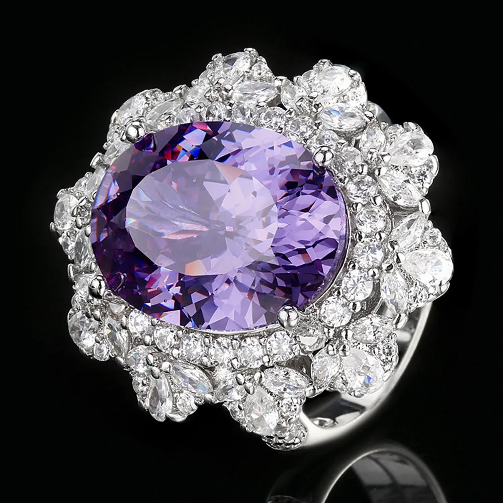 New Vintage 12*16mm Amethyst  Pink Quartz Pendant Necklace Rings for Women Gemstone Lab Diamond Party Jewelry Sets Birthday Gift
