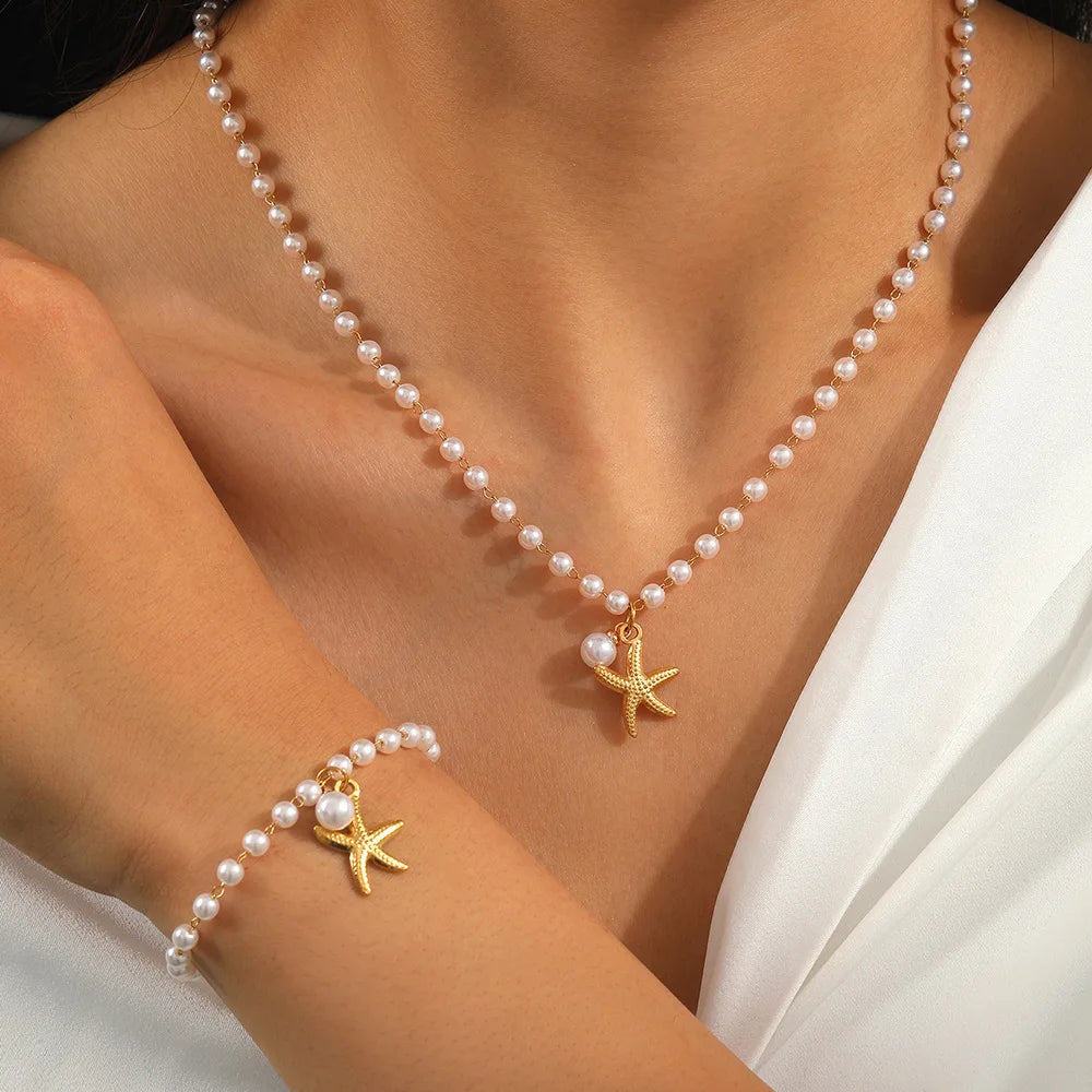 EILIECK 316L Stainless Steel Metal Sun Starfish Shells Pendant Necklace For Women Exquisite Neck Chain Waterproof Jewelry Gift