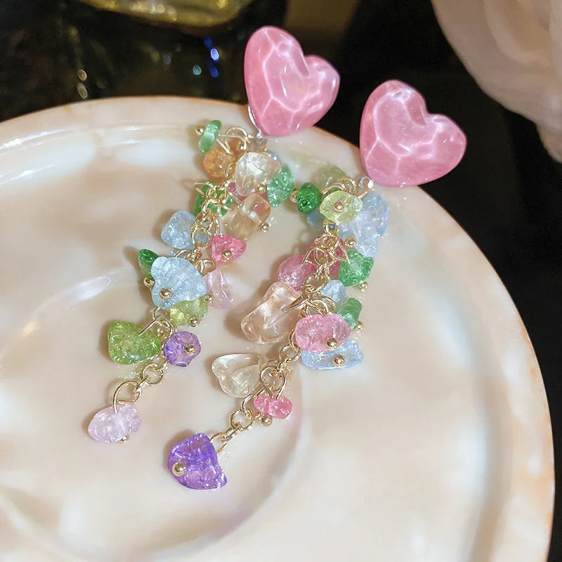Multicolor Crystal Heart Earrings For Women Fashion Colorful Zircon Long Tassel Dangle Earrings Girls Party Daily Jewelry Gifts