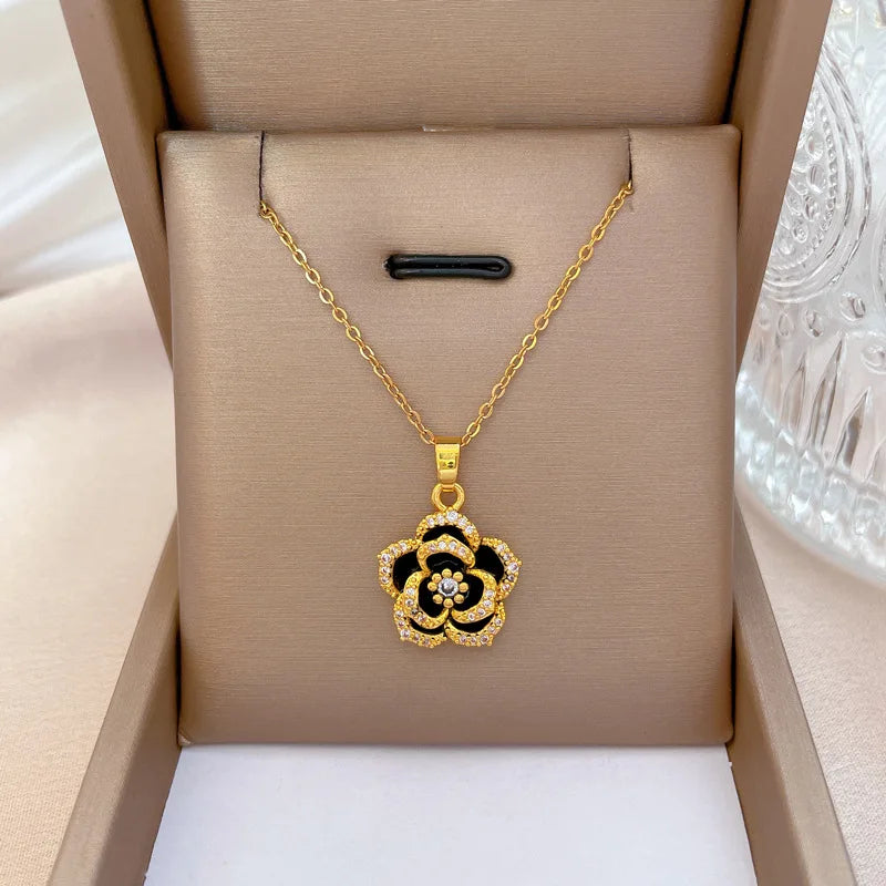 316L Stainless Steel Luxury Zircon Flower Pendant Necklace For Women Girl New Trend Clavicle Chain Jewelry Lady Gift