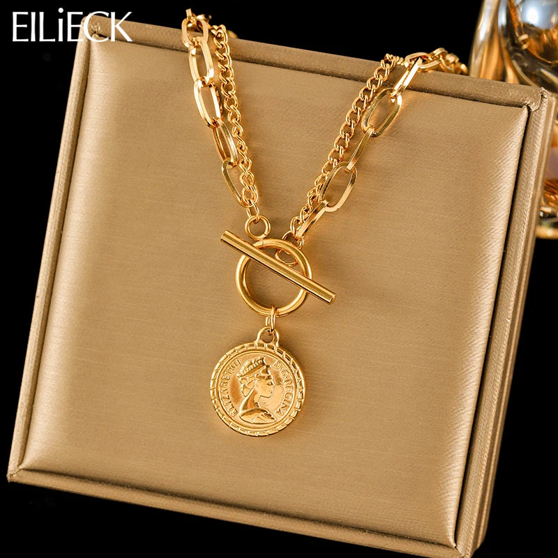 EILIECK 316L Stainless Steel Gold Color Portrait Coin Pendant Necklace For Women Fashion New Gift OT Buckle Neck Chain Jewelry