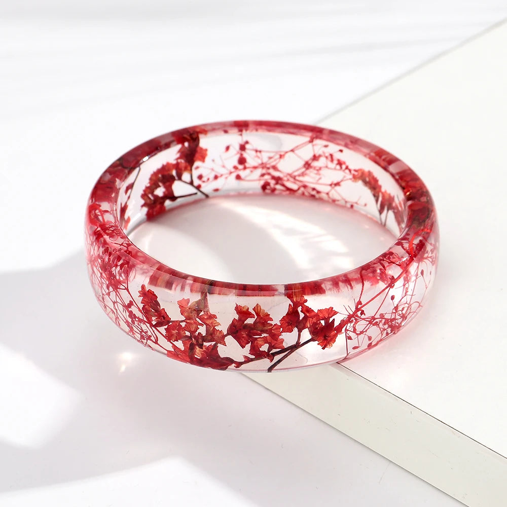 Vintage Dried Flowers Transparent Resin Chunky Bangles New Stackable Cuff Bangle Bracelets for Women Charm Jewelry