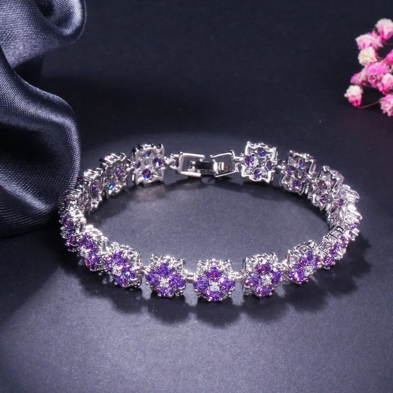 ThreeGraces Luxury Shiny Blue Zirconia Flower Tennis Bracelet for Women Fashion Bridal Wedding Evening Party Jewelry BR402
