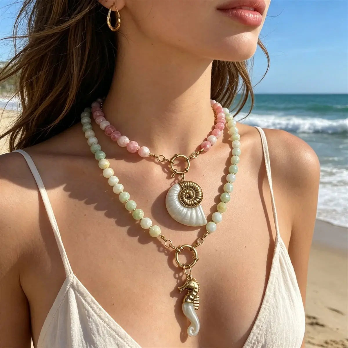 Summer Dopamine Handmade Bead Flower Ball Necklace Ocean Shell Seahorse Heart Pendant Charm Beach Jewelry Gift for Women