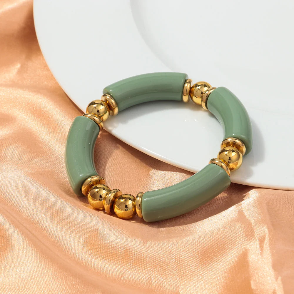 New Design Acrylic Gold Color Beads Chunky Bamboo Bracelets for Women Resin Curved Tube Stretchy Bangle 2024 Fashion Jewelry