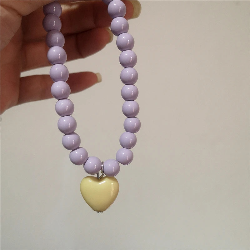 Y2K Retro Resin Pendant Necklaces Women Beaded Candy Color Heart Necklaces Exquisite Cute Daily Party Jewelry Accessories Gifts
