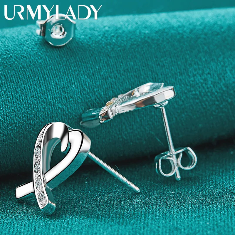 URMYLADY 925 Sterling Silver Love Heart Zircon Stud Earrings For Women Wedding Party Fashion Jewelry