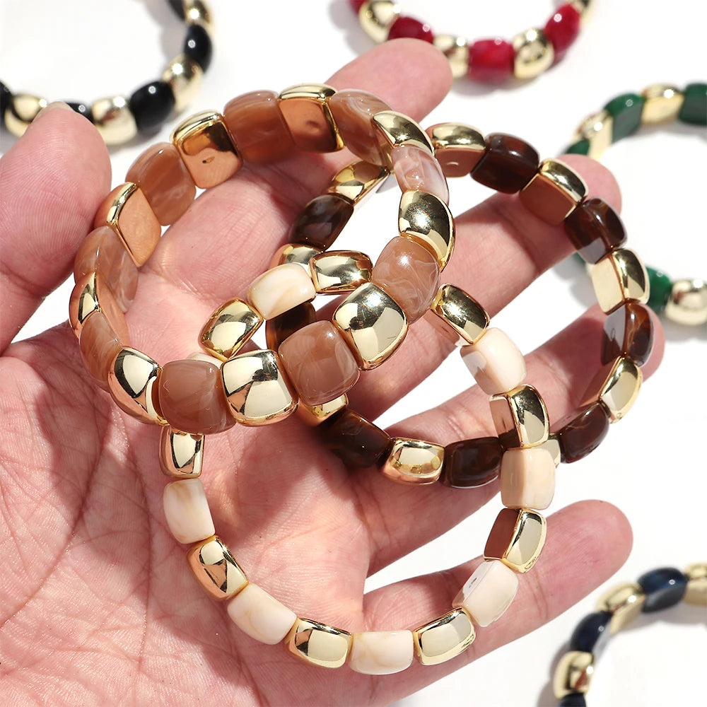 Vintage Acrylic Coloful Geometric Beads Elastic Bangle Bracelets Fashion Resin Golden CCB Bead Stackable Bracelet Women Jewelry