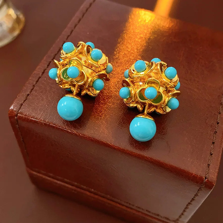 Dual-style Cubic Resin Flower Hollow Out Stud Earrings for Lady Retro Double Balls Ear Studs Statement Party Jewelry N1